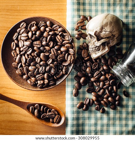 skull with coffee beans on wood background,still life style