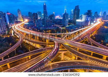 Shanghai - Circa April 2013 - Night Skyline View Of City And Highways With Flowing Traffic, Circa April 2013