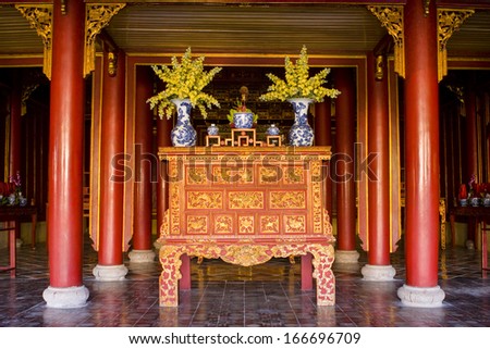 3 JUNE 2011 - HUE, VIETNAM - An altar inside the Hung To Mieu Pagoda in the palace of the Hue citadel, on 3 June 2011, in Hue, Vietnam