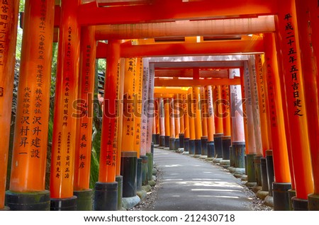 24 MAY 2014 - KYOTO, JAPAN - Torii gates form corridors around Shinto temple Fushimi Inari, Kyoto