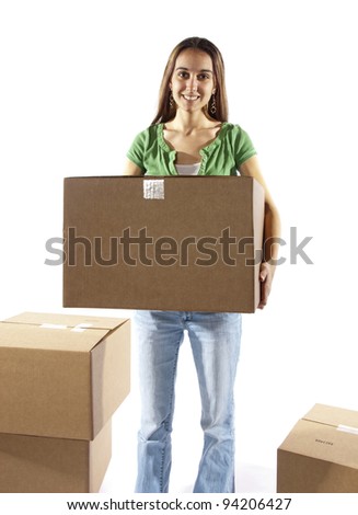 Pretty homemaker packing to move to a new home or just moved in and moving stored items around to different rooms in the house or warehouse worker moving boxes. In studio on white background.