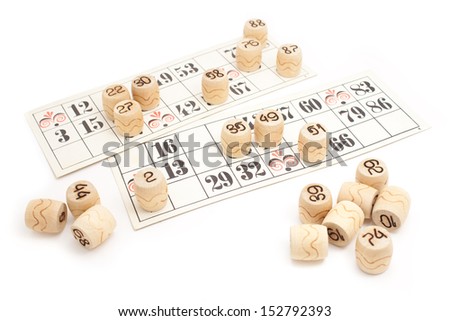 Old French lotto game card-boards and numbers isolated on white background