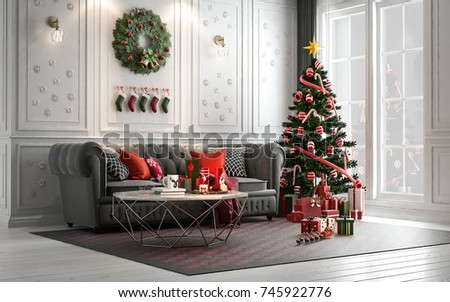 Christmas living room with a christmas tree and presents under it - modern classic style, 3D render, 3D illustration