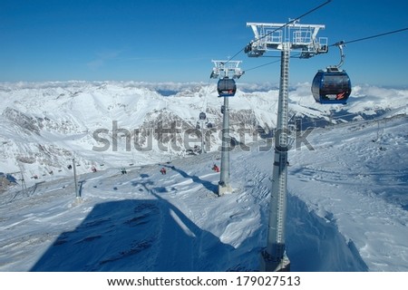 HINTERTUX, AUSTRIA - FEBRUARY 06, 2014: Peaks and ski lifts nearby Hintertux in Zillertal valley