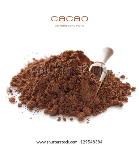 Heap Of Cocoa Powder With Wooden Scoop Isolated On The White Background
