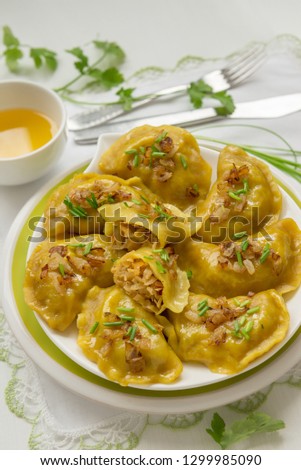 Dumplings with cabbage and fried onions. This is a very popular food in Eastern European countries, Poland, Ukraine and Russia. Homemade food