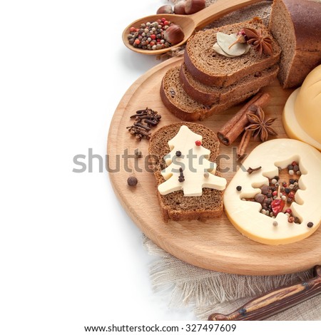 Rye bread, cheese and spices, sandwich for the new year decoration or Christmas