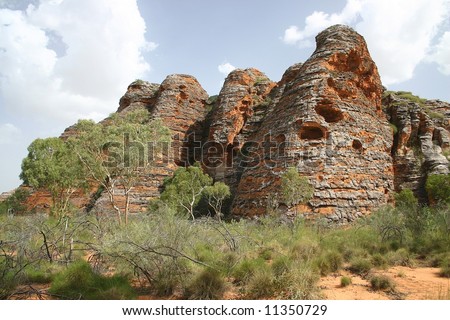 Australian land with red dirt, shrubbery and geological feature of red rocks. Bungle Bungle national park, Western Australia. Australia