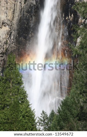 Colorful rainbow over the famous natural landmark Yosemite fall. Yosemite national park. California. USA