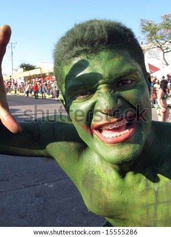 BARRANQUILLA, COLOMBIA- FEBRUARY 02: Closeup of a green masquerade on a carnival in the city of Barranquilla. Barranquilla\'s Carnaval February 02, 2008 in Colombia.