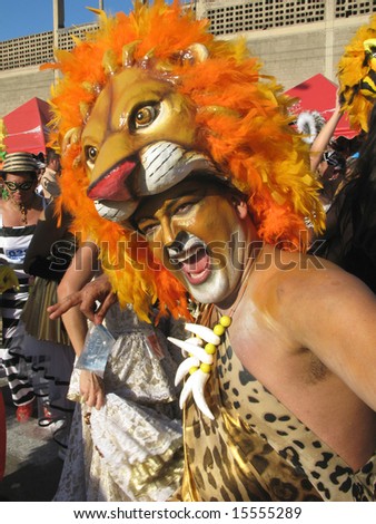 BARRANQUILLA, COLOMBIA- FEBRUARY 02: Man wears lion masquerade mask on a carnival in the city of Barranquilla. Barranquilla\'s Carnaval February 02, 2008 in Colombia.