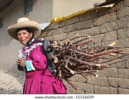 PERU - SEPTEMBER 20: Old indigenous woman in colorful traditional clothes carrying wood on her back . Great trekking adventure September 20, 2005 in Peru.