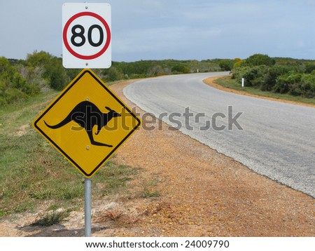 Kangaroo warning sign with permission speed limit. Western Australia, Australia