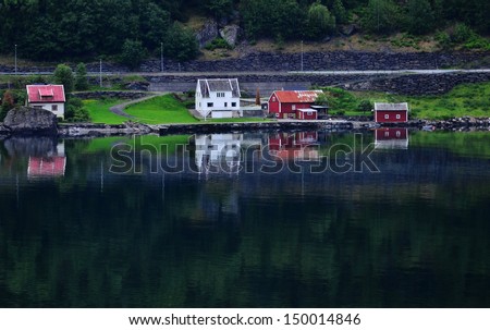 Water side houses and vacation cottages at Flam, Norway Fjords