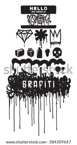 Graffiti elements, symbols, hip-hop culture and street style. Set of black white icons