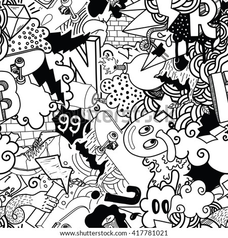 Seamless pattern. Graffiti doodles street art illustration in black white. Composition with bizarre elements and characters for skate board, street clothing, streetwear, wallpapers, textile, fabric