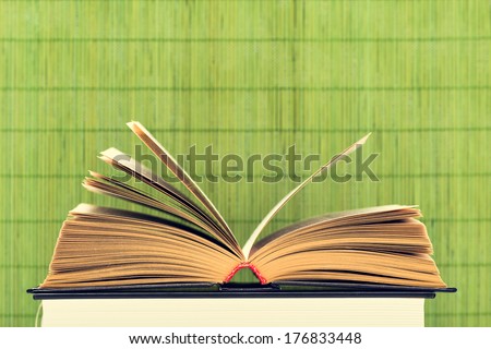 The opened book with the turned yellow pages on a green background from bamboo sticks