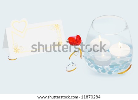 Wedding invitation card on a table with one red rose. One vase with three candles.