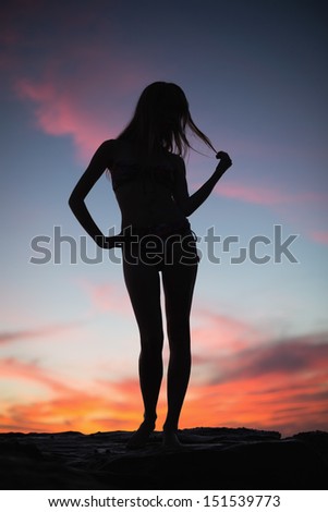 Silhouette of attractive woman posing on the beach at dusk