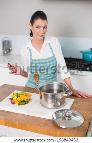 Calm pretty woman wearing apron posing in bright kitchen
