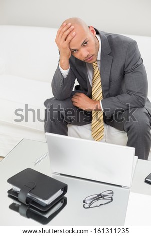 Portrait of a worried young businessman with laptop and diary holding head in hand at home