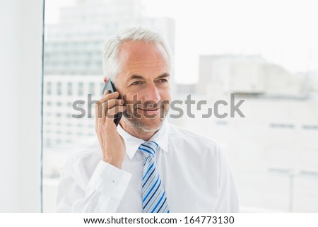 Smiling mature businessman using mobile phone in a bright office