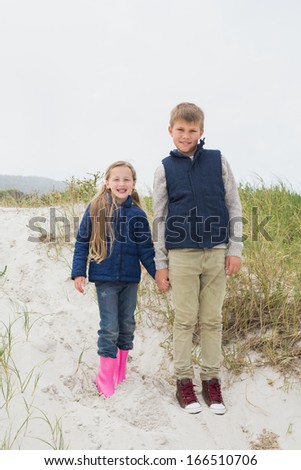 Full length of a happy brother and sister standing hand in hand at the beach