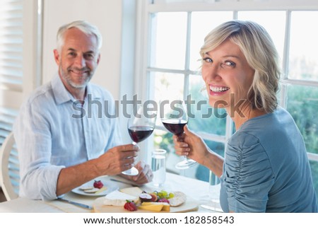 Portrait of a mature couple toasting wine glasses over food by the window at home