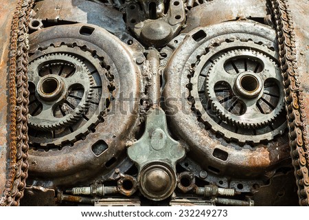 Closeup of gears from old mechanism of metallic.