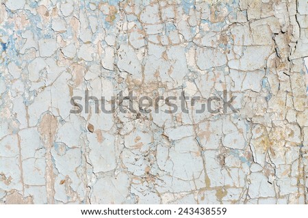 Detail of a surface of old board with cracked paint coating light.