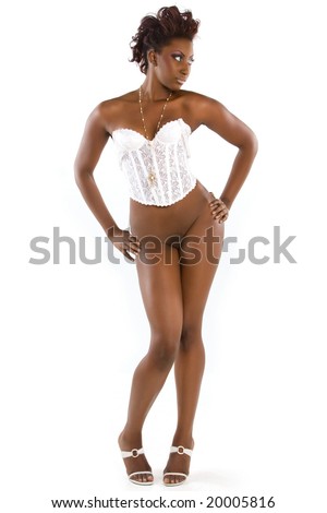 stock photo sexy african american girl in white corset bottomless posing