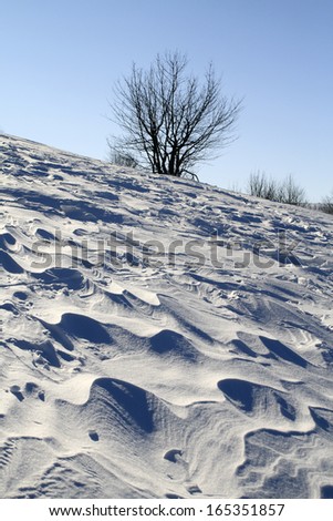 Snow drifts, made by ground wind, on the snow plain.