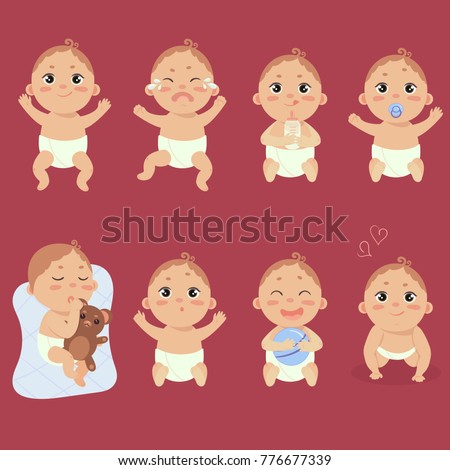 Set with cute little baby in diaper with different emotions. Various face expressions. Happy child, baby cry, hold teddy bear, sleeping child, sad boy, crying boy, screaming baby. Colorful vector.