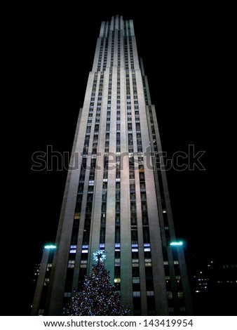 NEW YORK CITY, NY, USA - DECEMBER 13: Rockefeller Center at night on 20 December , 2013, New York City.  Built by the Rockefeller family in 1939, location of the TV series \