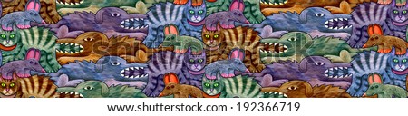 A cat is chasing a mouse and a dog is chasing a cat - seamless pattern in four shades.