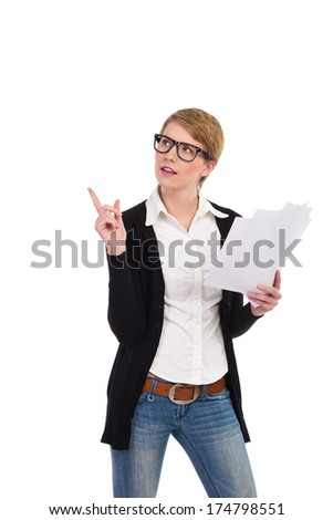 Elegance woman holding documents and pointing. Three quarter length studio shot isolated on white.