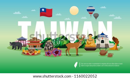 Taiwan travel flat horizontal composition   with national food animals nature temple sightseeing landmarks attractions vector illustration