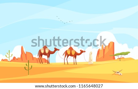 Desert camel composition with wasteland landscape and flat images with train of camels crossing deserted place vector illustration