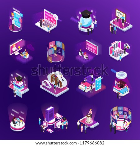 E-learning online training education virtual library distant tutors glow isometric icons set purple background vector illustration