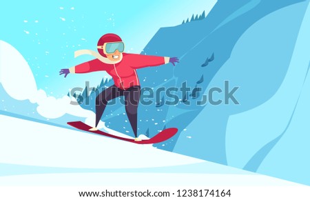 Winter extreme sports background with snowboarding symbols flat vector illustration