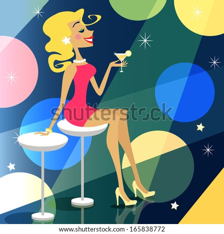 Blonde girl in the bar illustration scene