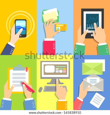 Set of business hands with business objects illustration