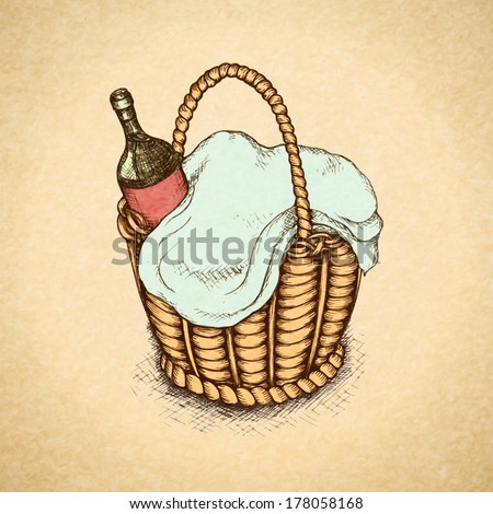 Vintage picnic basket with food and wine vector illustration