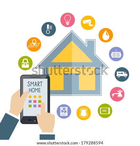 Hand holding mobile phone tablet controls smart home temperature water light security technology flat concept vector illustration Hand holding mobile phone tablet controls smart home temperature water light security technology flat concept vector illustration