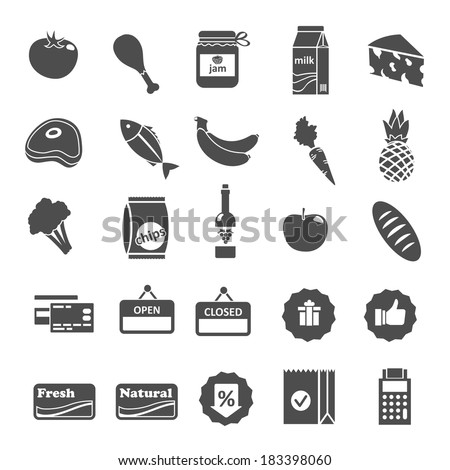Supermarket food grocery items and symbols icons or stickers set isolated vector illustration
