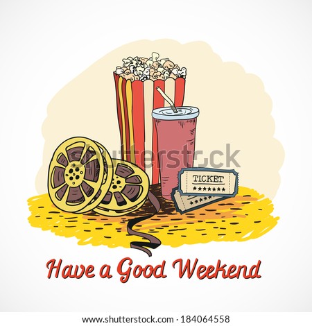 Colored cinema have a good weekend concept with popcorn drink cinema strip tickets doodle elements vector illustration