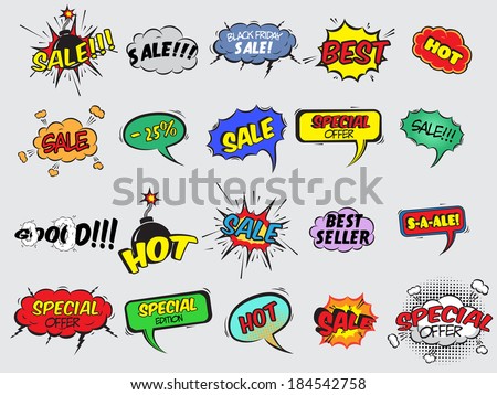 Pop art comic sale discount promotion decorative icons set with bomb explosive isolated vector illustration Pop art comic sale discount promotion decorative icons set with bomb explosive isolated vector illustration