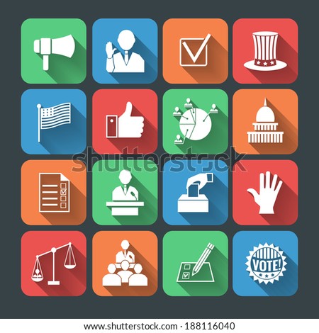 Elections and voting long shadow icons set of hand symbol president speech campaigning megaphone isolated vector illustration Elections and voting long shadow icons set of hand symbol president speech campaigning megaphone isolated vector illustration