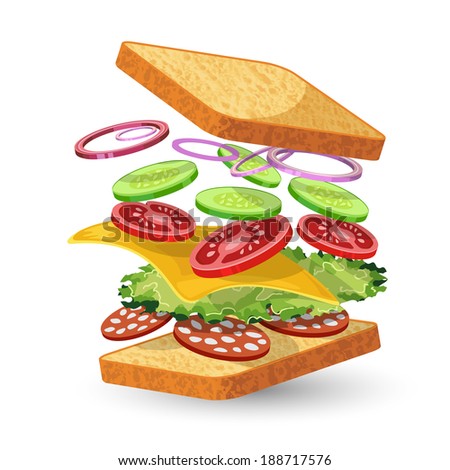 Salami sandwich ingredients food emblem with bread onion cucumber tomato cheese lettuce salami isolated vector illustration Salami sandwich ingredients food emblem with bread onion cucumber tomato cheese lettuce salami isolated vector illustration