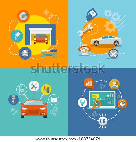 Auto mechanic service flat icons of maintenance car repair and working isolated vector illustration